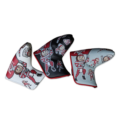Ohio State Brutus Montage Blade Putter Headcovers in white, black, and gray colorways featuring vintage and modern Brutus Buckeye mascot artwork.