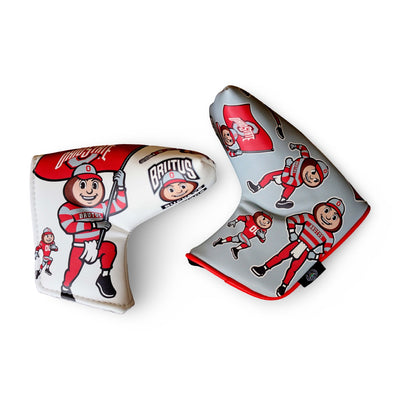 Officially licensed Ohio State Brutus Montage blade putter headcovers in white and gray featuring multiple Brutus Buckeye mascot illustrations.
