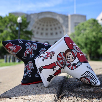 Ohio State Brutus blade putter headcovers photographed outside Ohio Stadium at The Shoe