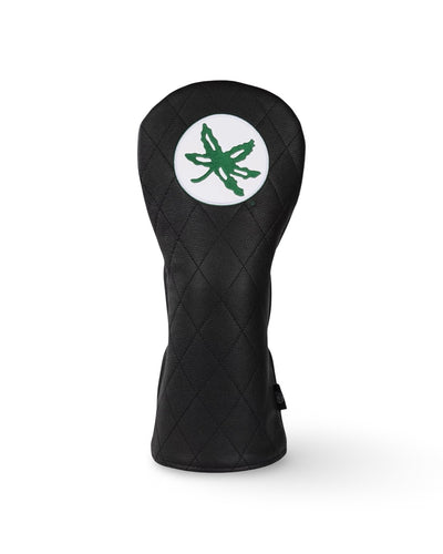 Ohio State Buckeye Quilted Driver Headcover with green Buckeye leaf on black quilted leather