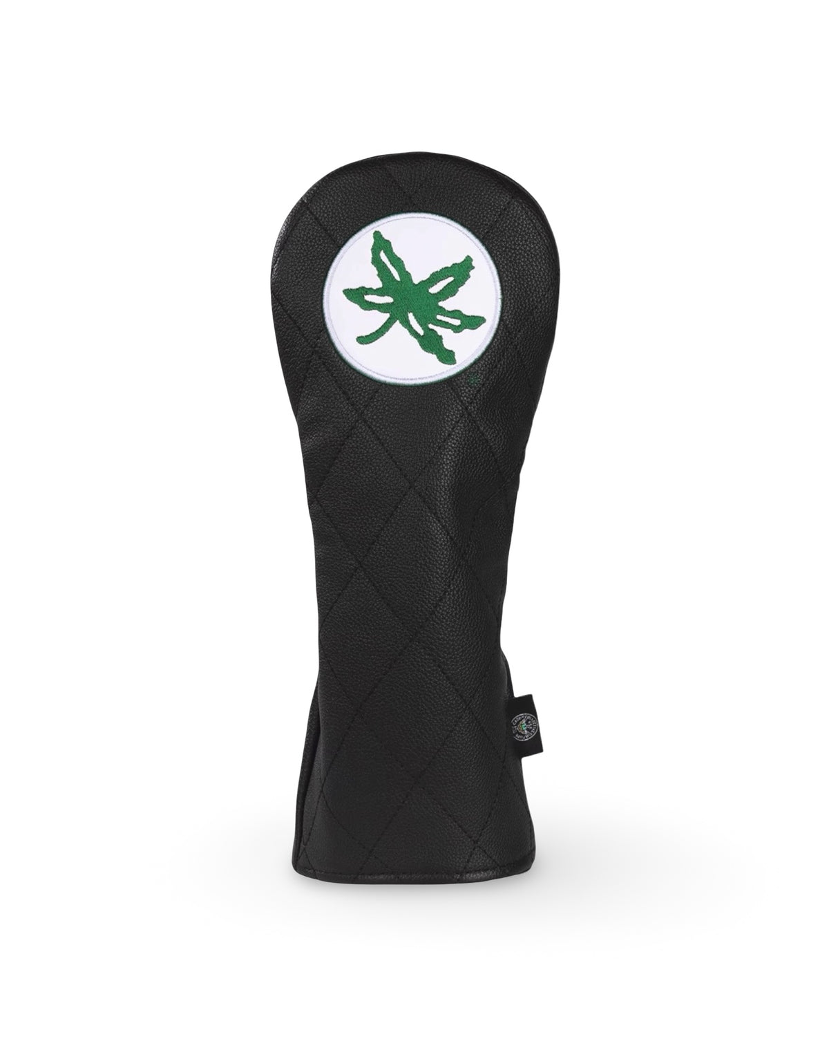 Ohio State Buckeye Quilted Fairway Headcover with green Buckeye leaf on black quilted leather