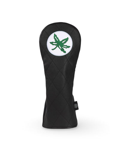 Ohio State Buckeye Quilted Fairway Headcover with green Buckeye leaf on black quilted leather
