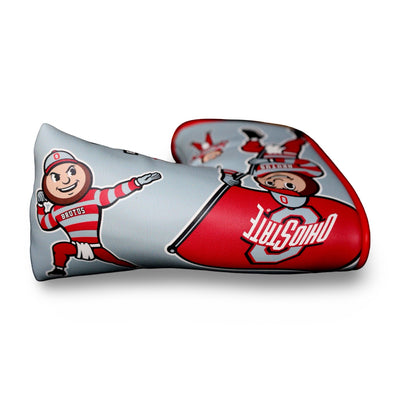 Horizontal view of an officially licensed Ohio State gray blade putter headcover featuring Brutus Buckeye montage artwork and Ohio State flag graphics.