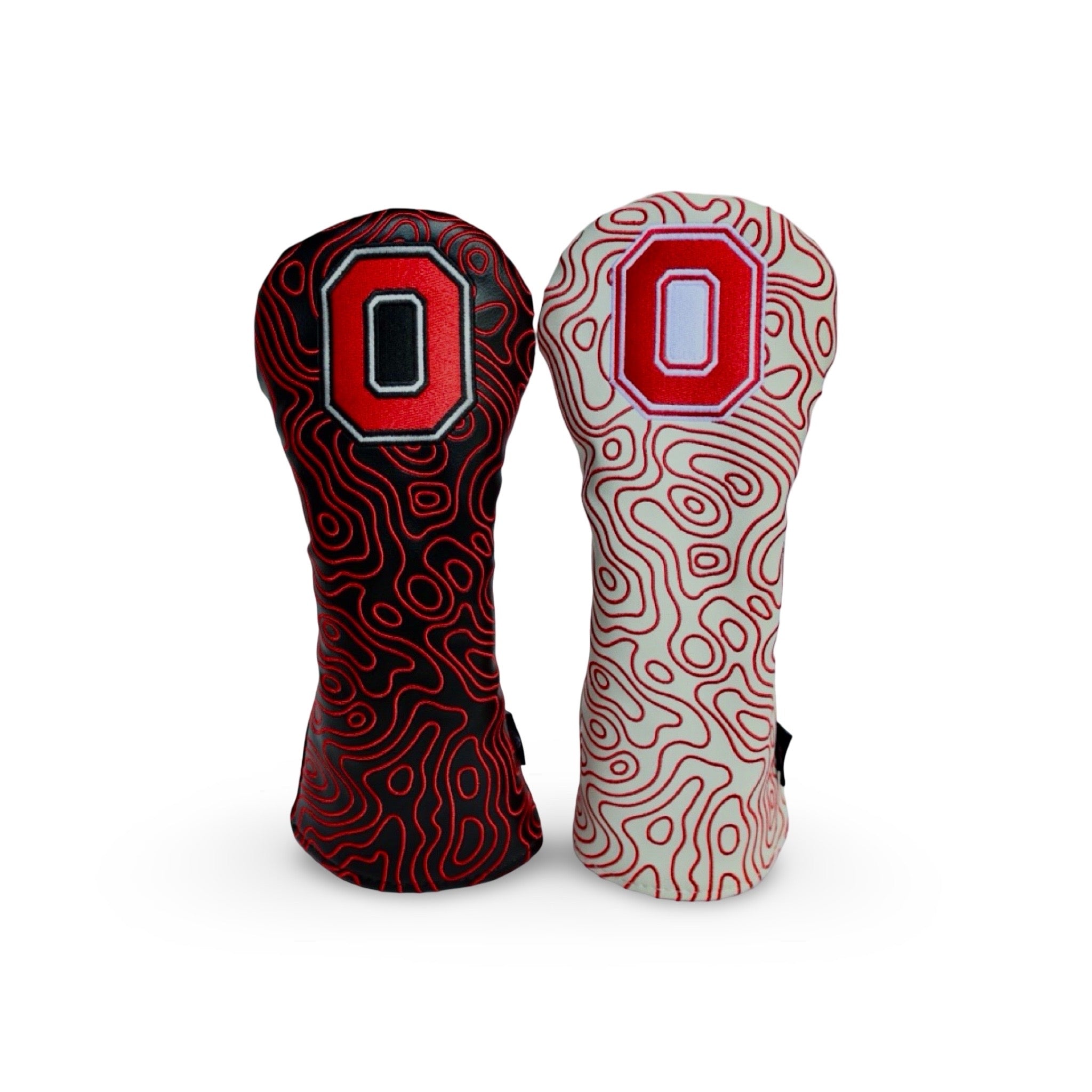 Officially licensed Ohio State fairway wood golf headcovers featuring black and white topography designs with embroidered Block O logos.