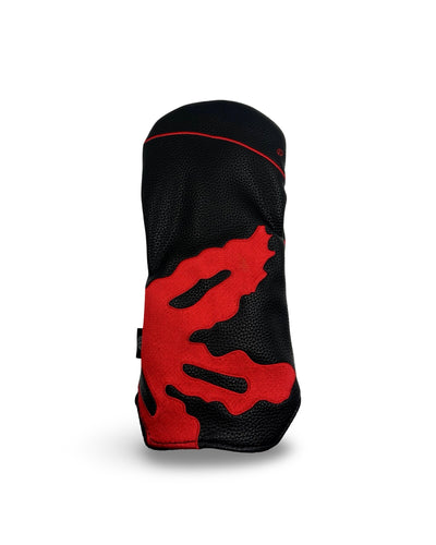 Back view of the Ohio State Tunnel Vision Wrap Fairway Headcover showing the continuous scarlet Buckeye Leaf embroidery wrapping around the black pebble grain leather exterior.