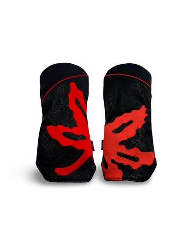 Front and back views of the Ohio State Tunnel Vision Wrap Fairway Headcover featuring oversized scarlet Buckeye Leaf embroidery wrapping around black pebble grain leather.