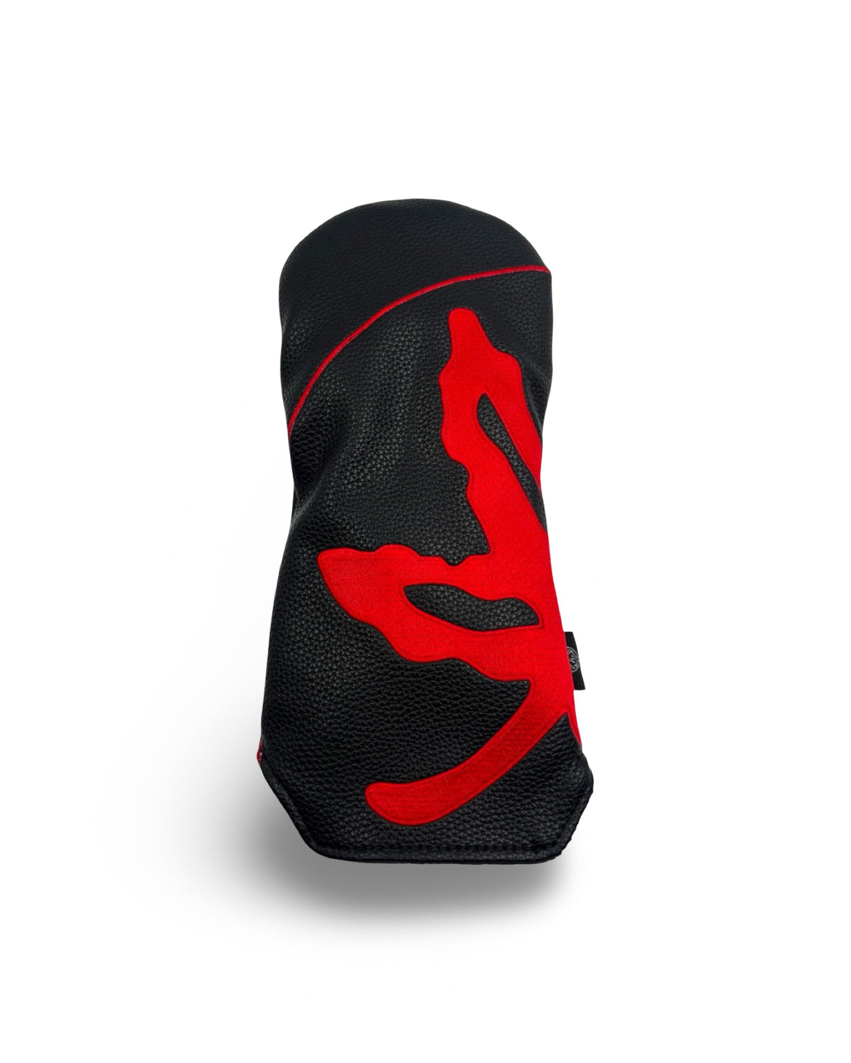 Front view of the Ohio State Tunnel Vision Wrap Fairway Headcover featuring oversized scarlet Buckeye Leaf embroidery on black pebble grain leather with scarlet piping.