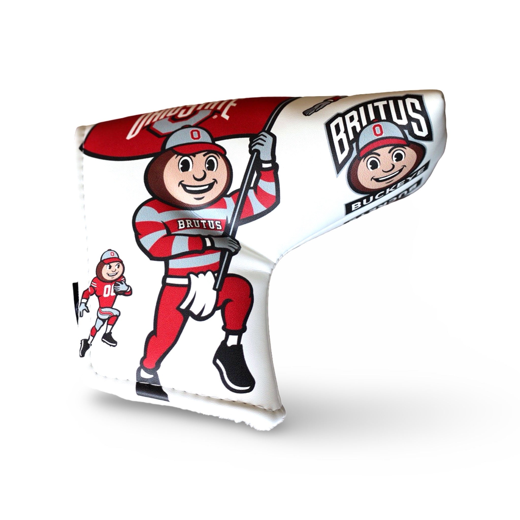 Officially licensed Ohio State white blade putter headcover featuring Brutus Buckeye montage artwork and multiple vintage mascot illustrations.