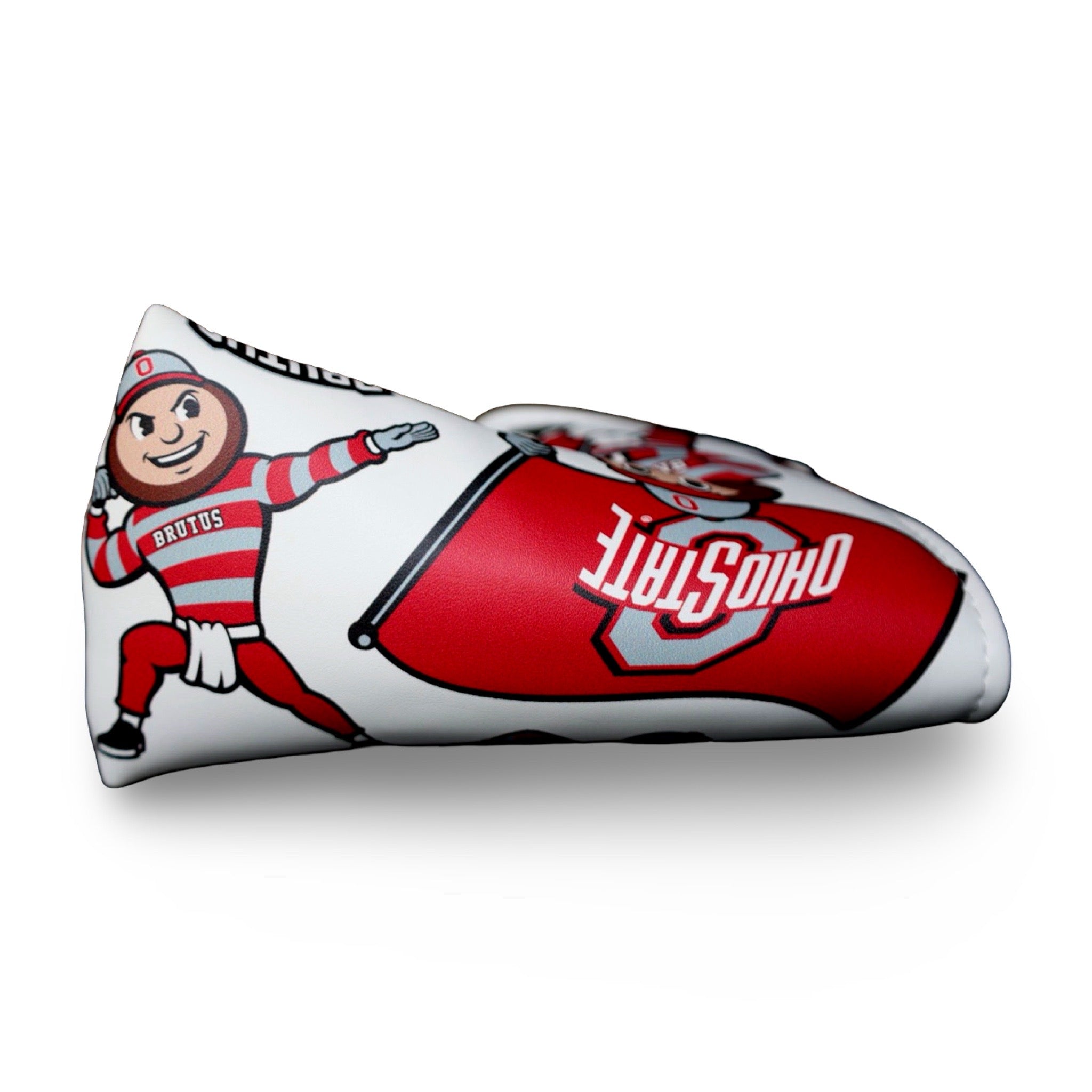 Horizontal view of an officially licensed Ohio State white blade putter headcover featuring Brutus Buckeye montage artwork and Ohio State flag graphics.