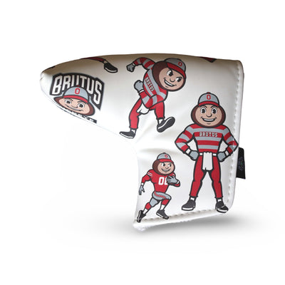Side view of an officially licensed Ohio State white blade putter headcover featuring multiple Brutus Buckeye mascot illustrations.