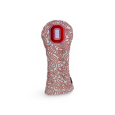 Officially licensed Ohio State fairway wood golf headcover with white base, scarlet topography contour lines, and embroidered Block O logo.