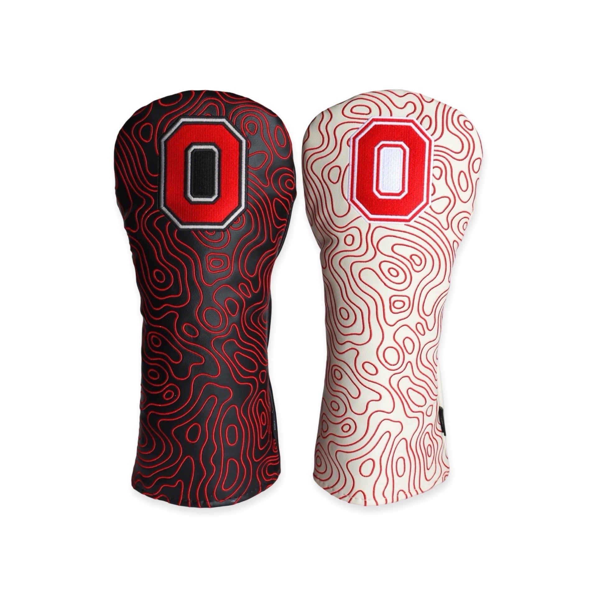 Ohio State Buckeyes Block O topography driver headcovers in black and cream shown side by side