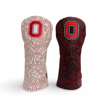 Ohio State Block O topography driver headcovers shown in black and white colorways