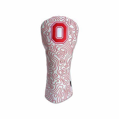Ohio State Block O white topography driver headcover with scarlet contour pattern and embroidered logo