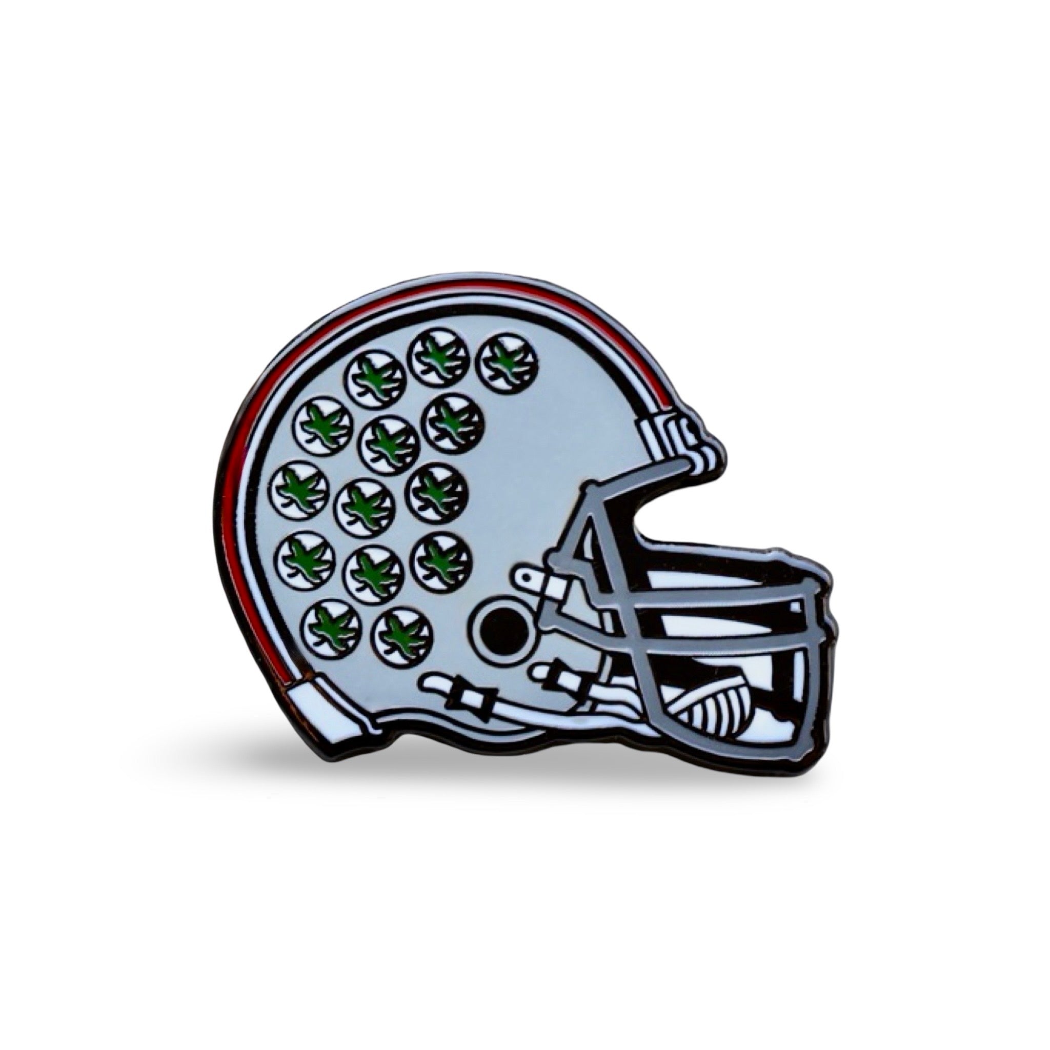 Ohio State Buckeye Right Helmet Ball Marker featuring official silver helmet with scarlet stripe and Buckeye leaf decals in premium metal finish