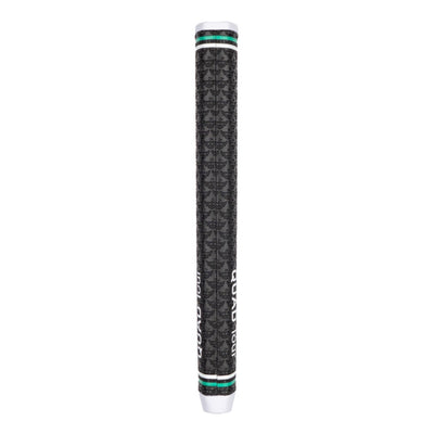 Rear view of a black QUAD Tour putter grip showing the center seam, repeating embossed Caddy logo pattern, green accent rings, and white end caps on a clean white background.