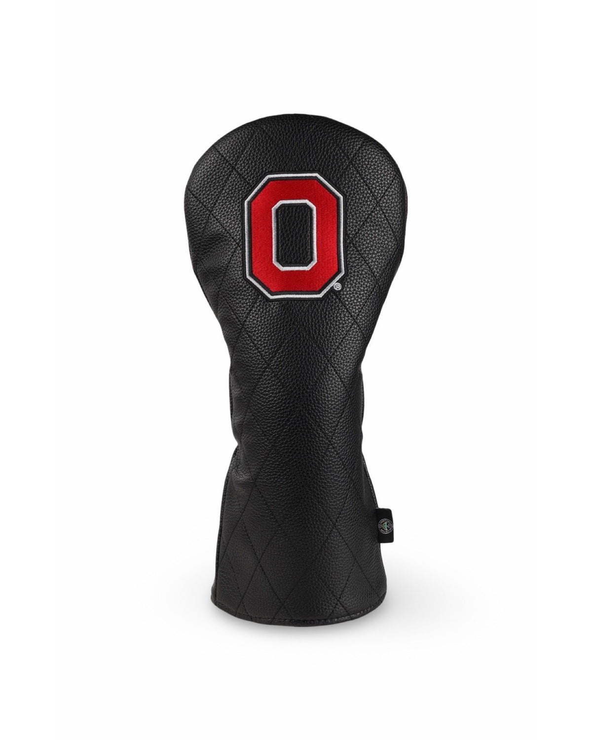Black quilted leather Ohio State driver headcover with an embroidered scarlet Block O.