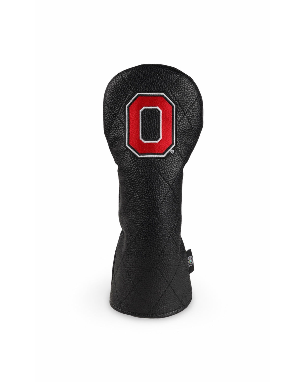 Black quilted leather Ohio State fairway wood headcover with an embroidered scarlet Block O.
