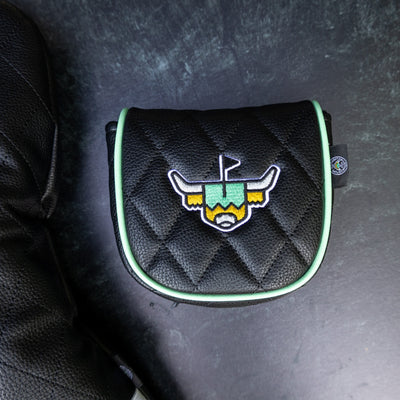 Quilted Heritage Leather Center Shaft Mallet Putter Cover displayed with matching leather driver headcover, featuring black quilted leather and embroidered Looper logo.