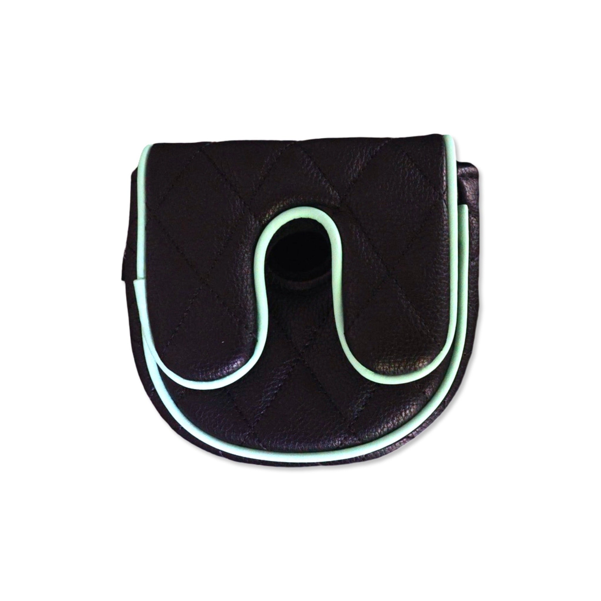 Rear view of the Quilted Heritage Leather Center Shaft Mallet Putter Cover featuring black quilted leather construction, mint piping, and premium golf craftsmanship.