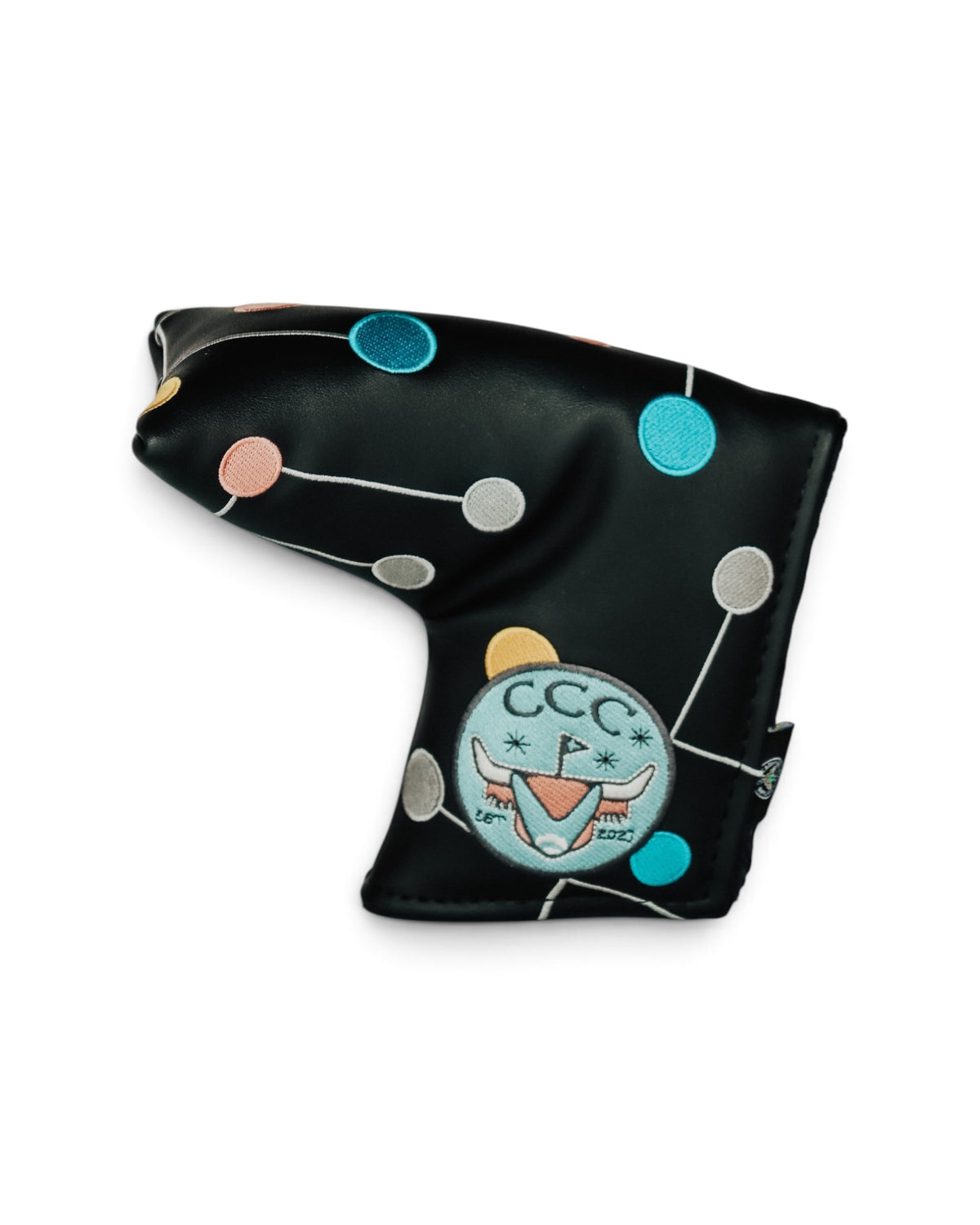 Atomic blade putter headcover with colorful midcentury-inspired embroidery on black