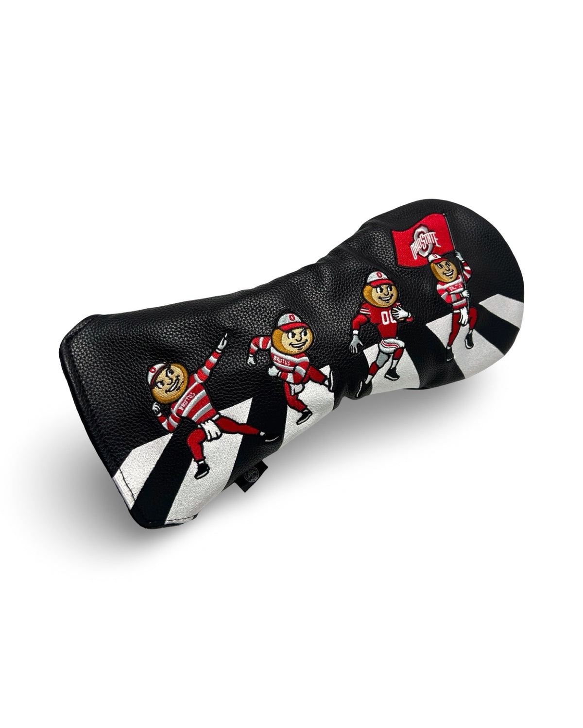 The Scarlet Road Ohio State Brutus driver headcover in black pebble leather featuring four eras of Brutus
