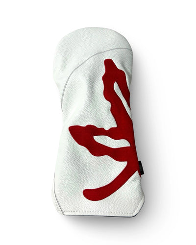 The Scarlet Wrap Ohio State driver headcover in white pebble leather with oversized scarlet helmet decal design