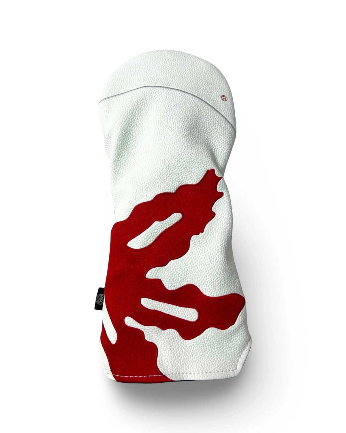 The Scarlet Wrap Ohio State driver headcover in white pebble leather showing the second side of the oversized scarlet helmet decal design