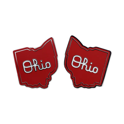 Two Script Ohio golf ball markers front view showing state-shaped red magnetic design