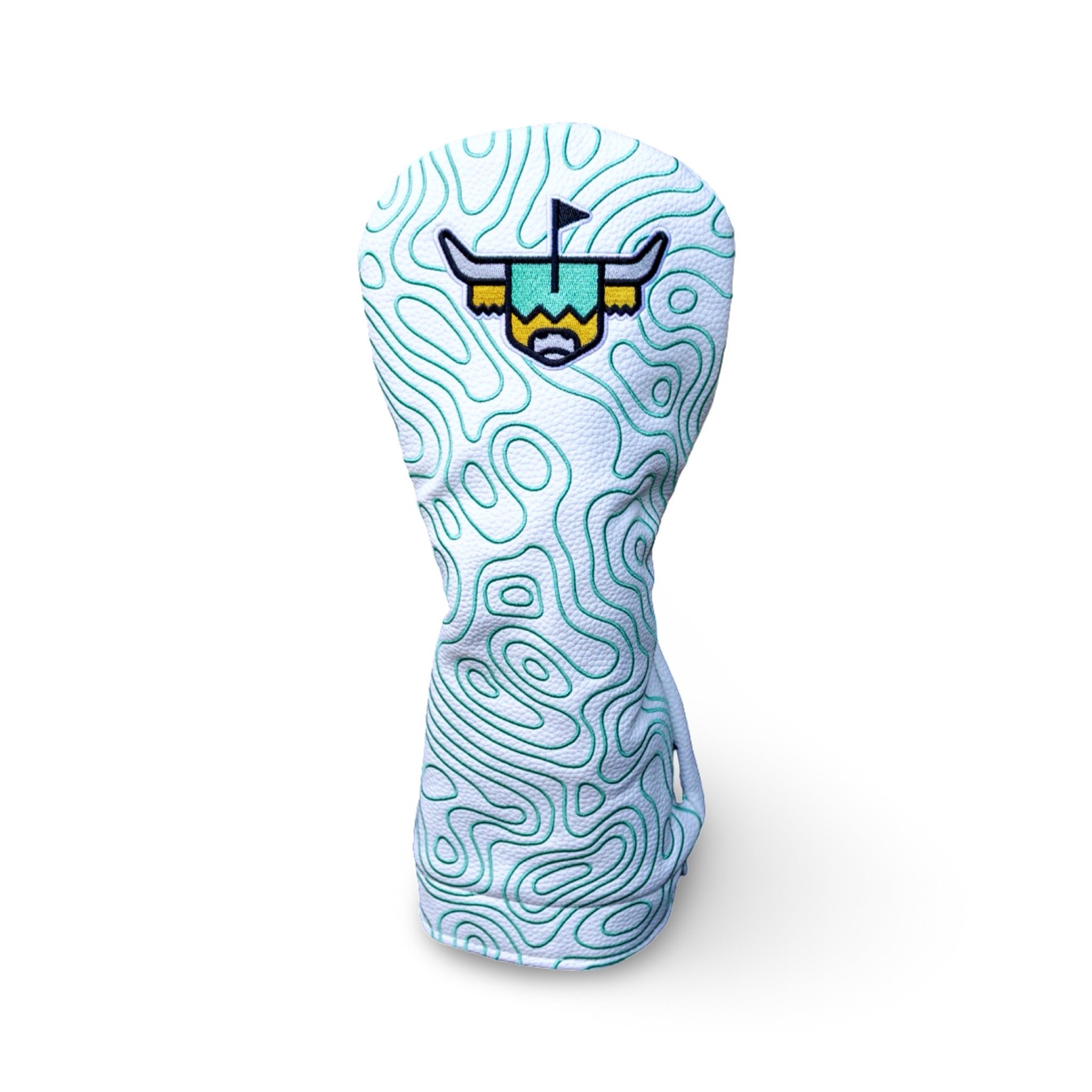 Terrain Driver Headcover in white pebbled grain leather with embroidered green topographic pattern and Looper logo.