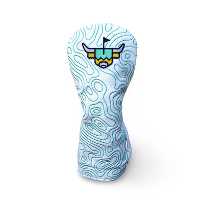 Terrain Driver Headcover in white pebbled grain leather with embroidered green topographic pattern and Looper logo.