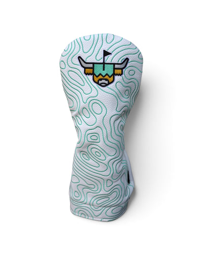 Terrain Driver Headcover in white pebbled grain leather with embroidered green topographic pattern and Looper logo.