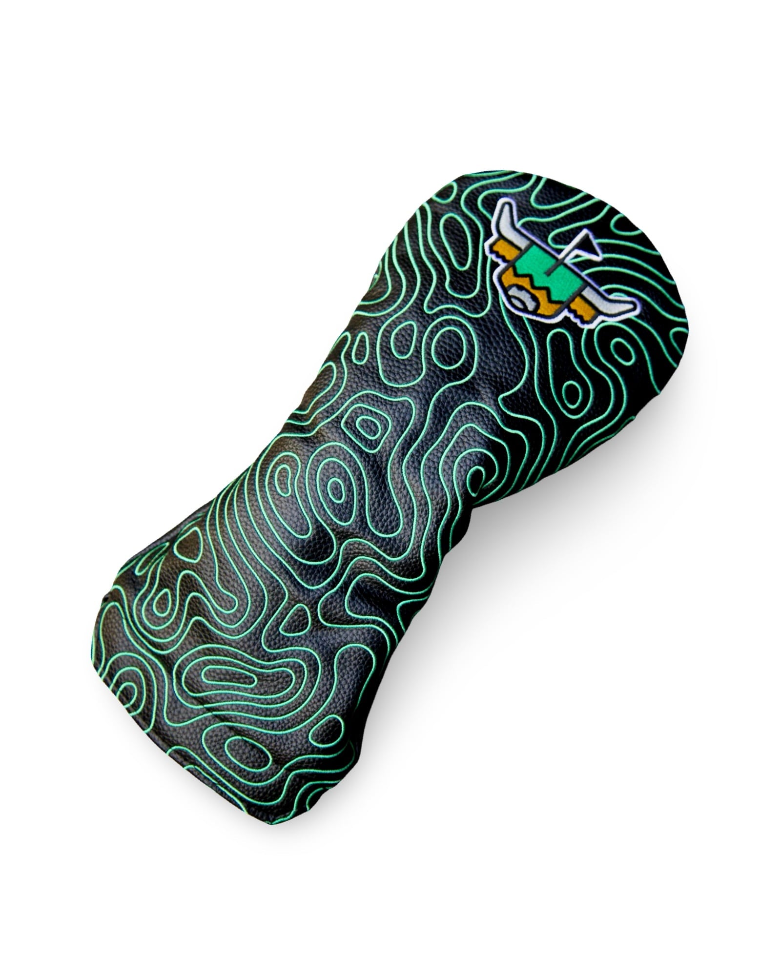 Angled product view of the Terrain Driver Headcover – Midnight showcasing black pebbled leather with a green embroidered topographic design.