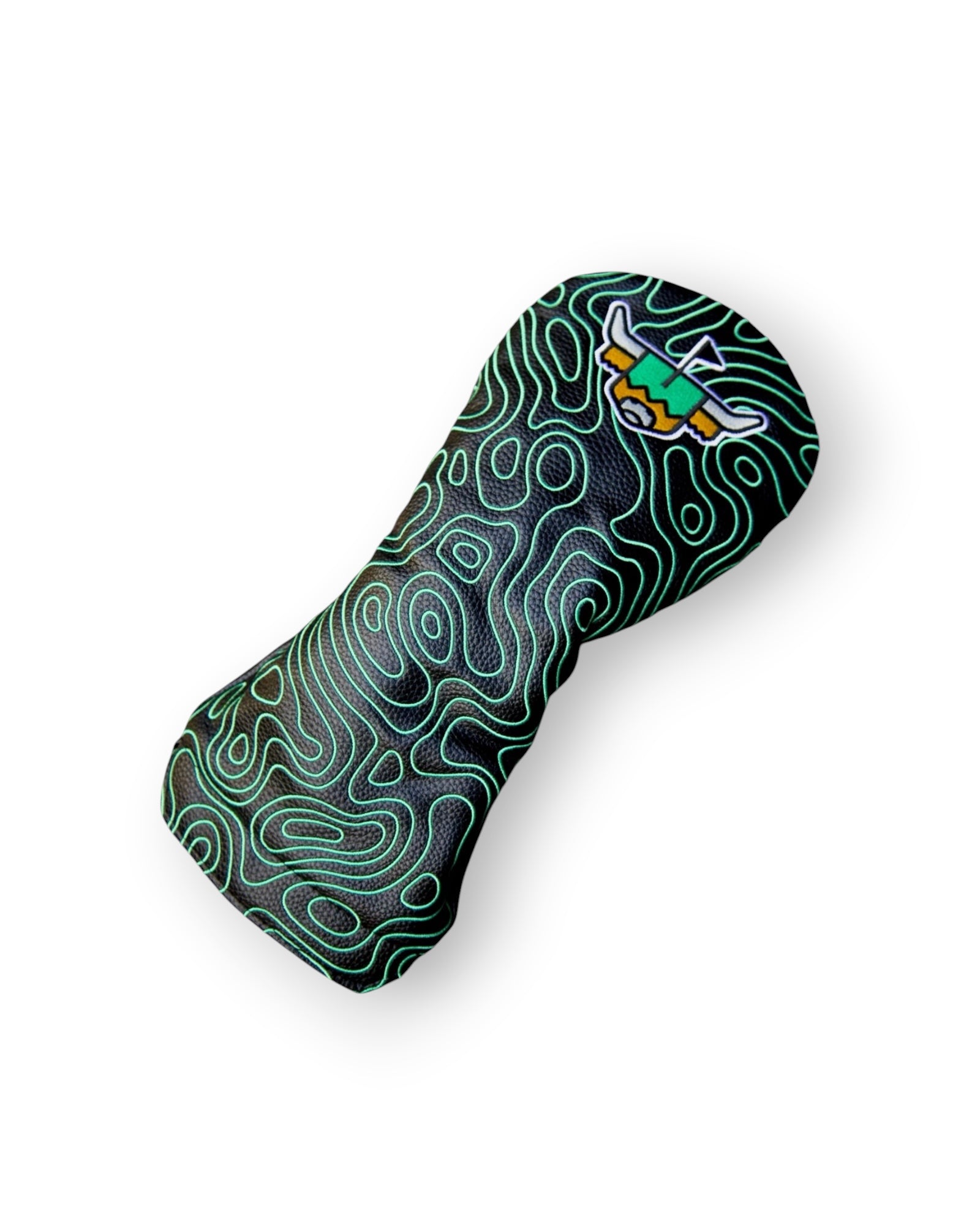 Angled product view of the Terrain Driver Headcover – Midnight showcasing black pebbled leather with a green embroidered topographic design.