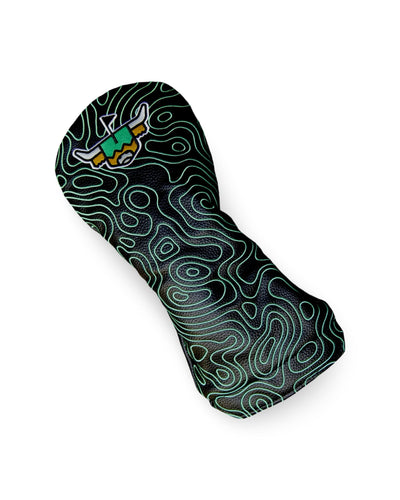 Terrain Driver Headcover – Midnight shown at an angled view featuring black pebbled leather and an embroidered green topographic pattern.